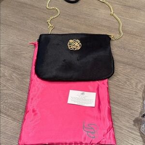 Dareen Hakim ponyskin embossed clutch with gold strap